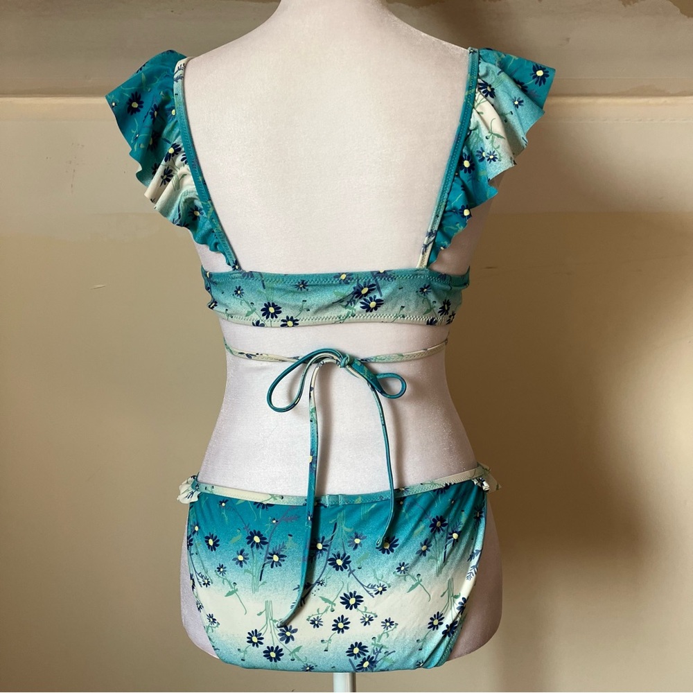 Aerie Blue Floral Printed Ruffle Wrap Bikini Set in Tidal Blue size Small - Picture 4 of 11